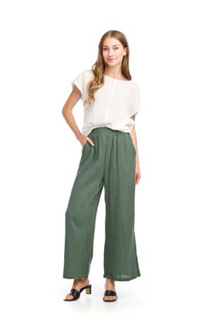 PP-14826 - COTTON GAUZE WIDE LEG PANTS WITH POCKETS AND ELASTIC BACK - Colors: GREEN, WHITE - Available Sizes:XS-XXL - Catalog Page:73 
